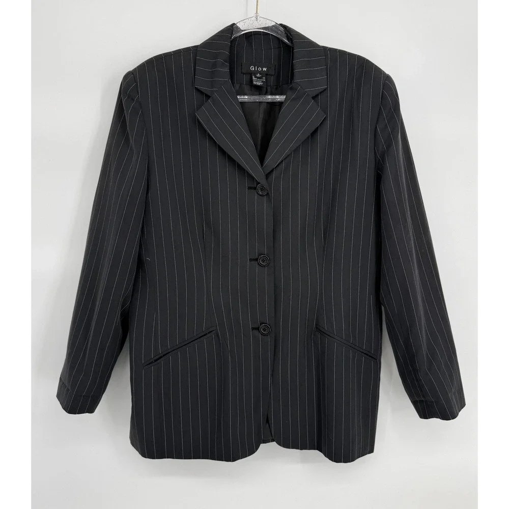 Glow Womens Pinstripe Skirt Suit Set Black  2 Piece Blazer Pencil Skirt Sz 16